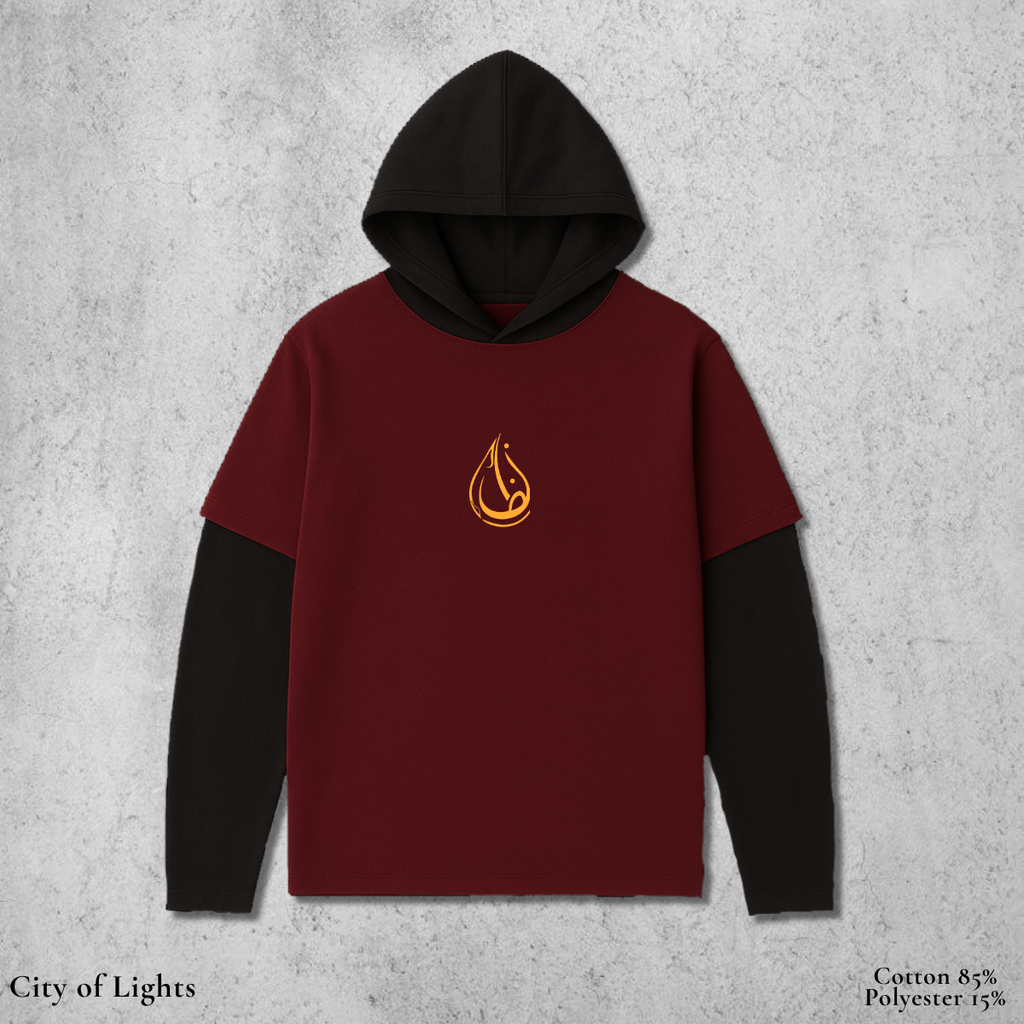 City of Lights - Double Layer Sleeve Hoodie in Maroon