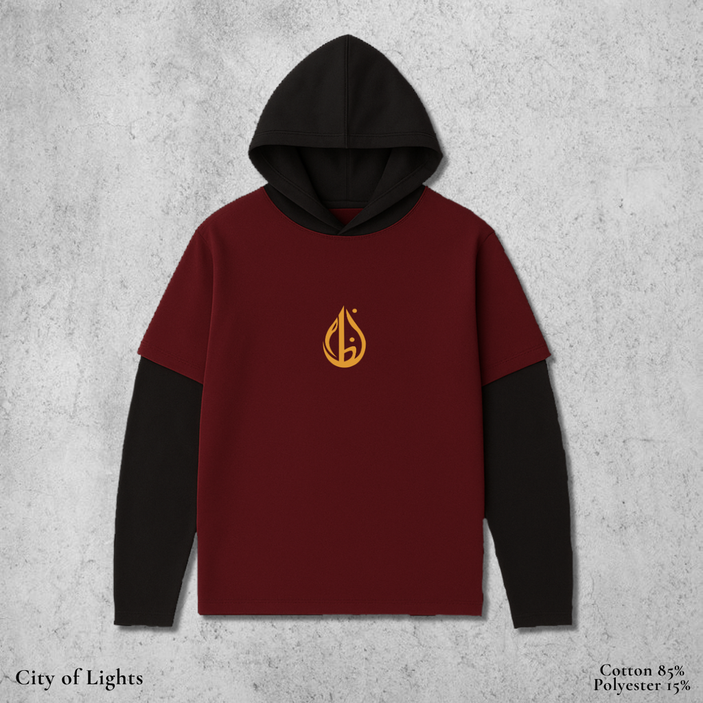 City of Lights - Double Layer Sleeve Hoodie in Maroon