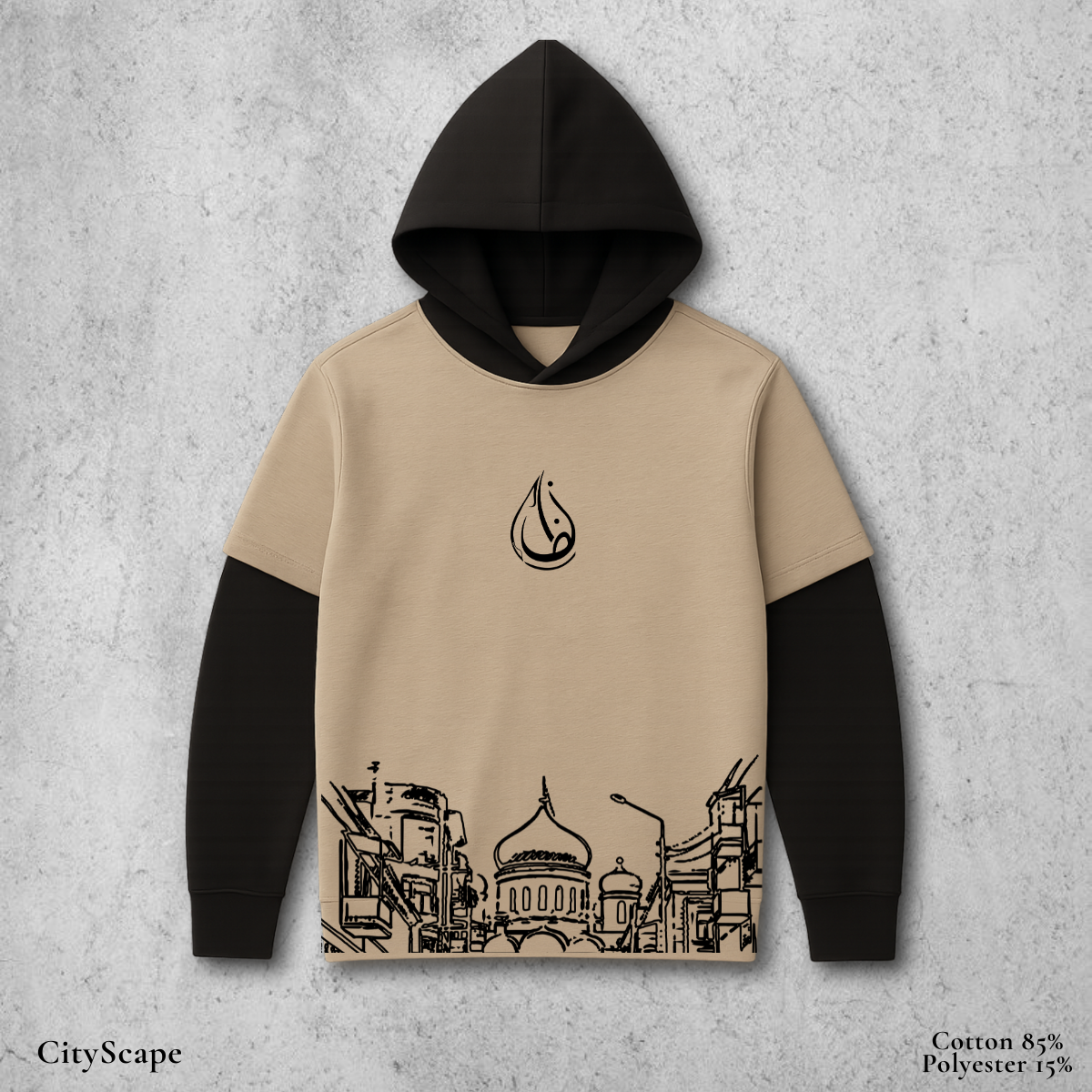 CityScape - Double Layer Sleeve Hoodie in Beige