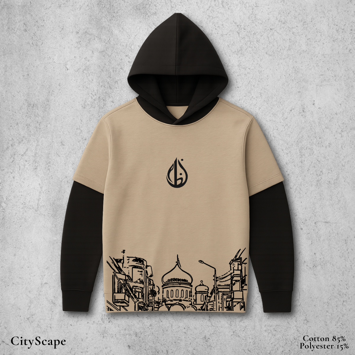 CityScape - Double Layer Sleeve Hoodie in Beige