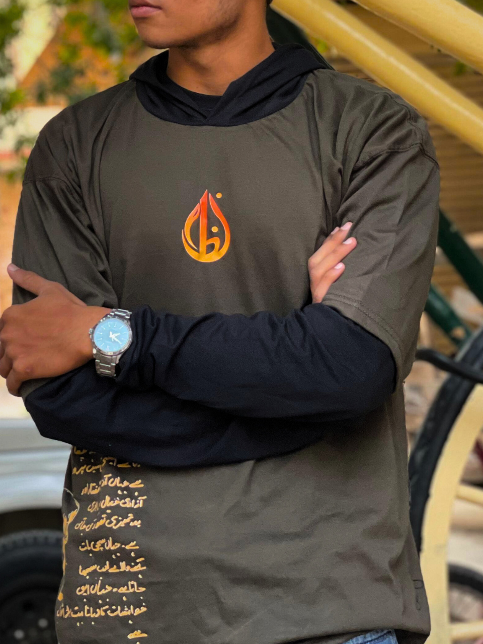 Manto - Double Layer Sleeve Hoodie in Olive Green