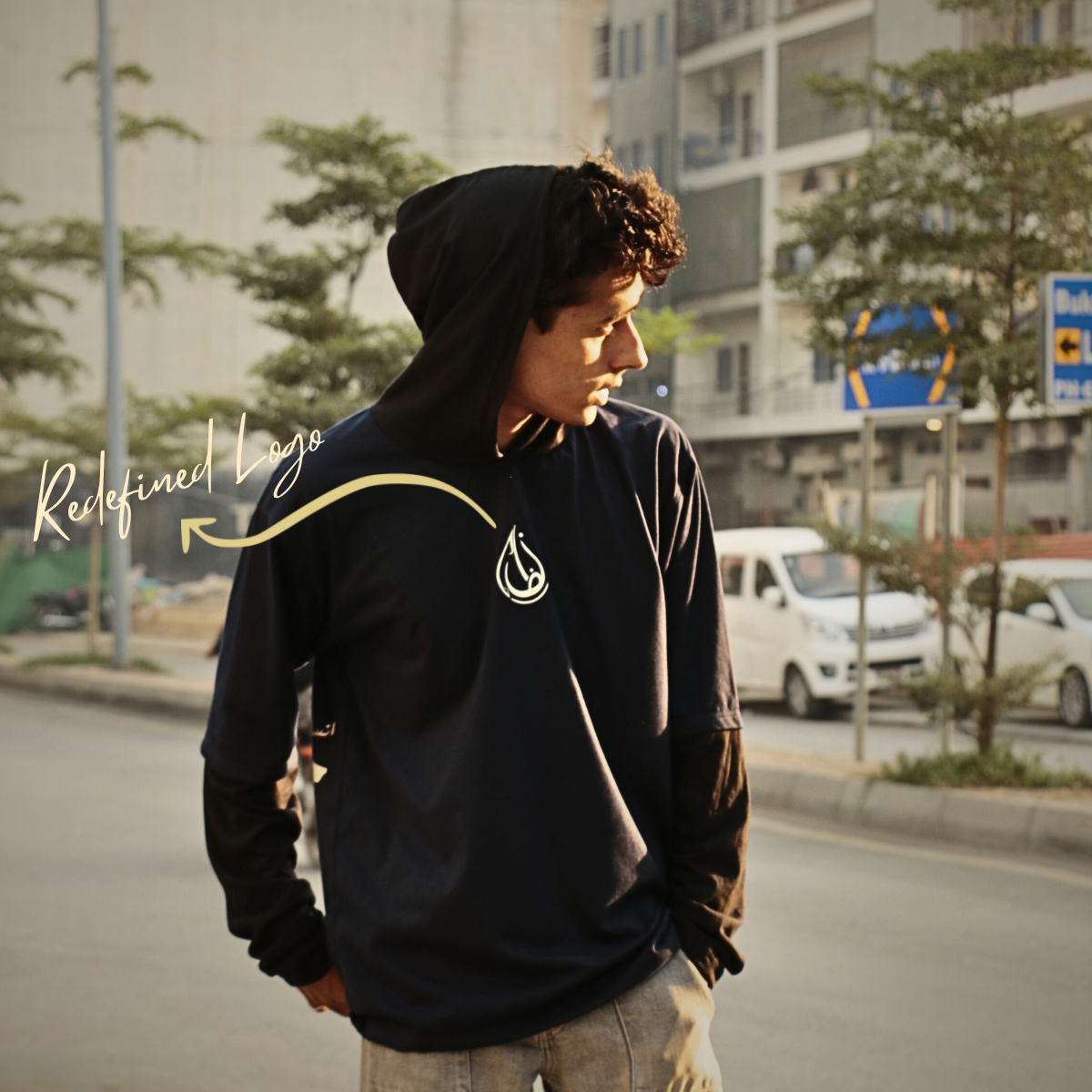Haiwaan e Naatiq - Double Layer Sleeve Hoodie in Navy Blue